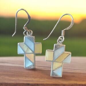 silver cross earrings with inlaid mother of pearl earrings vintage jewelry  .925